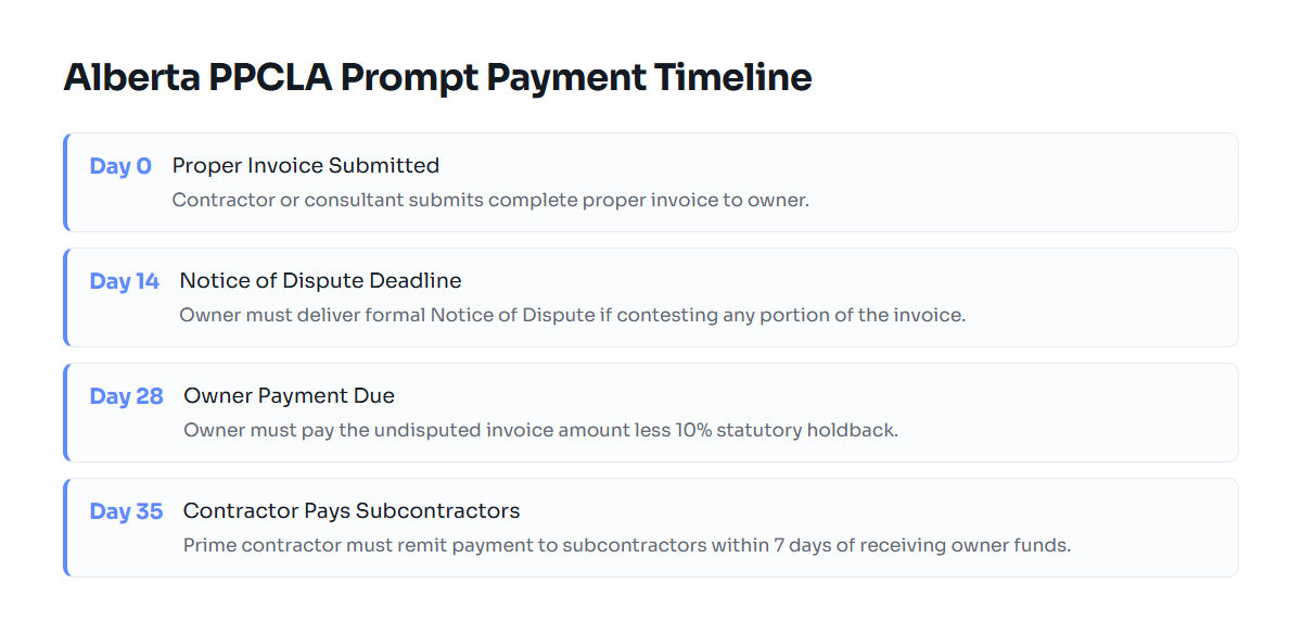 Timeline showing statutory payment milestones under the Alberta Prompt Payment and Construction Lien Act