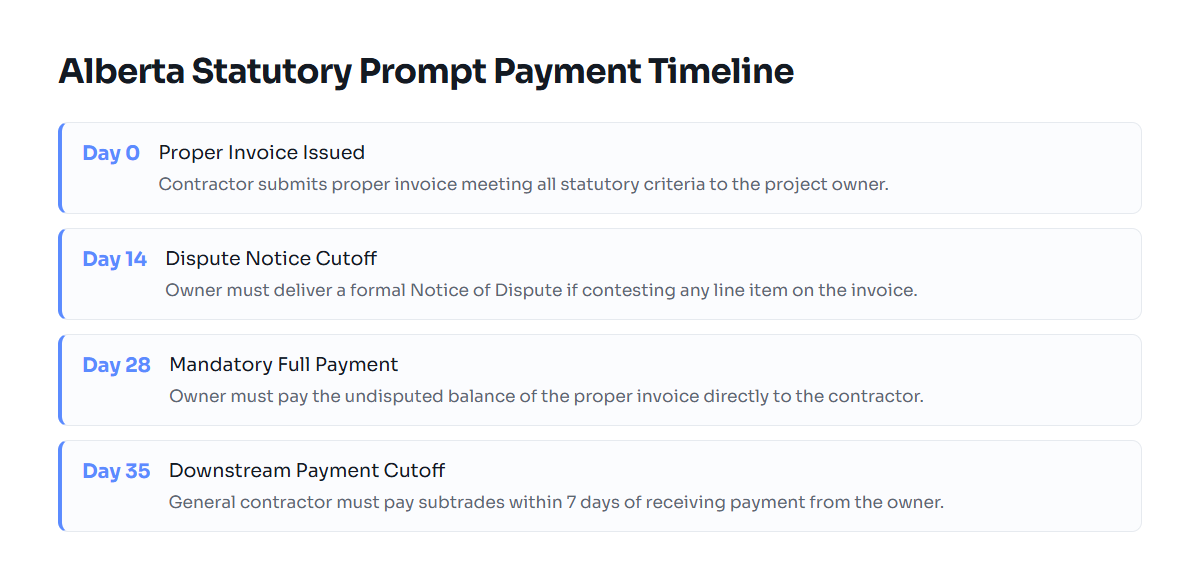 Timeline showing invoice delivery to payment under the Alberta Prompt Payment and Construction Lien Act