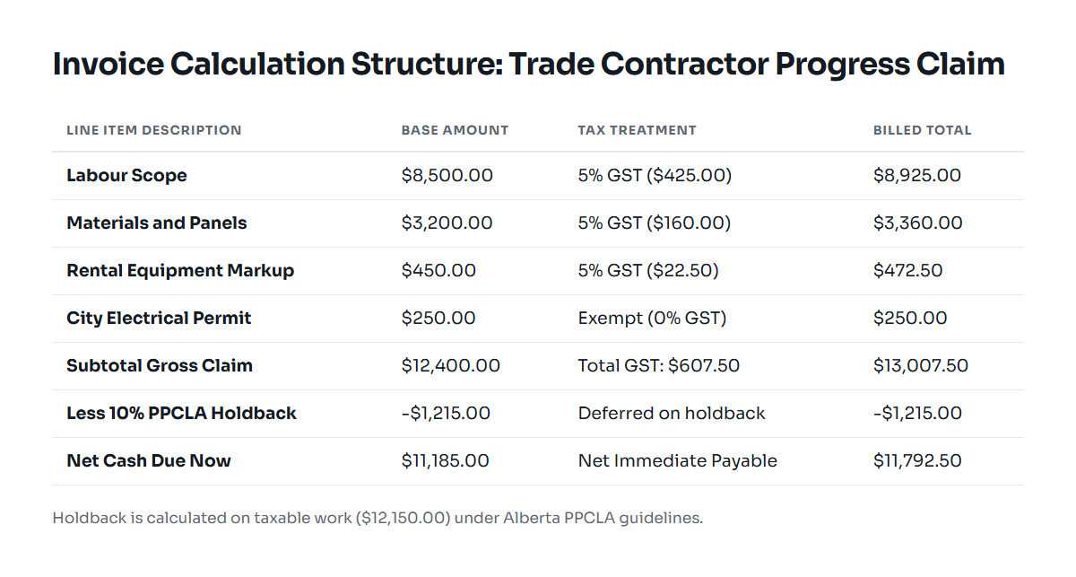 Breakdown of subtotal, tax calculation, pass-throughs, and statutory holdback