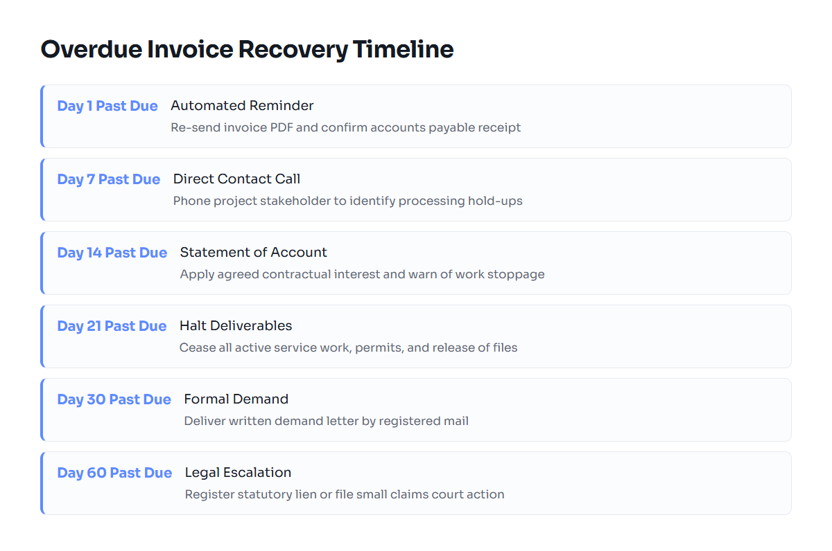 Timeline showing procedural stages for recovering late payments from Day 1 to Day 60