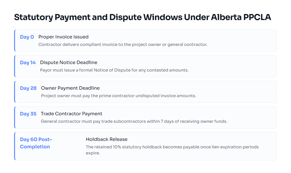 Timeline showing 14-day dispute, 28-day owner payment, 35-day subcontractor payment, and 60-day holdback release under Alberta PPCLA