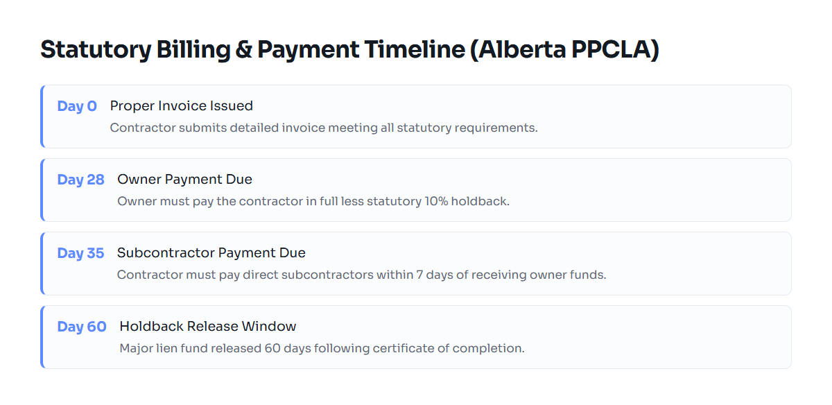 Timeline of payment deadlines under the Alberta Prompt Payment and Construction Lien Act