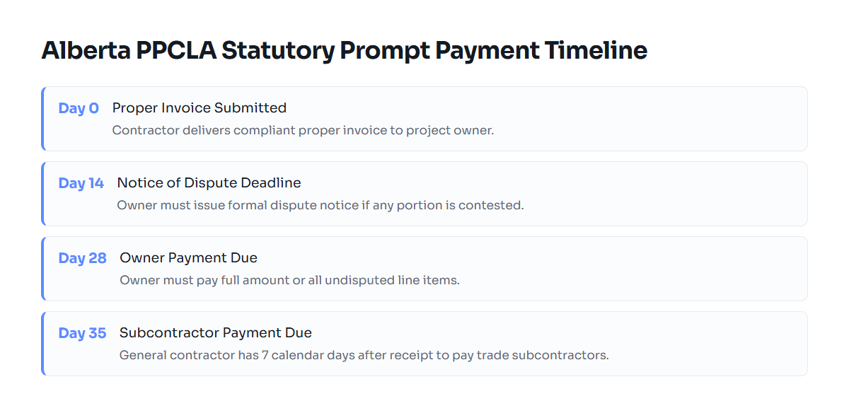Timeline showing the 14-day dispute, 28-day owner payment, and 7-day contractor payment intervals under the Alberta Prompt Payment and Construction Lien Act