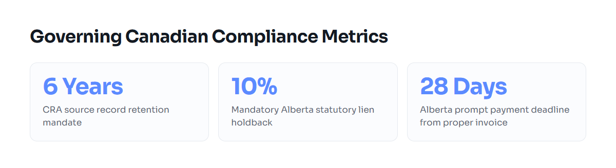 Key statutory figures: six years record retention, ten percent holdback, twenty-eight days payment clock.