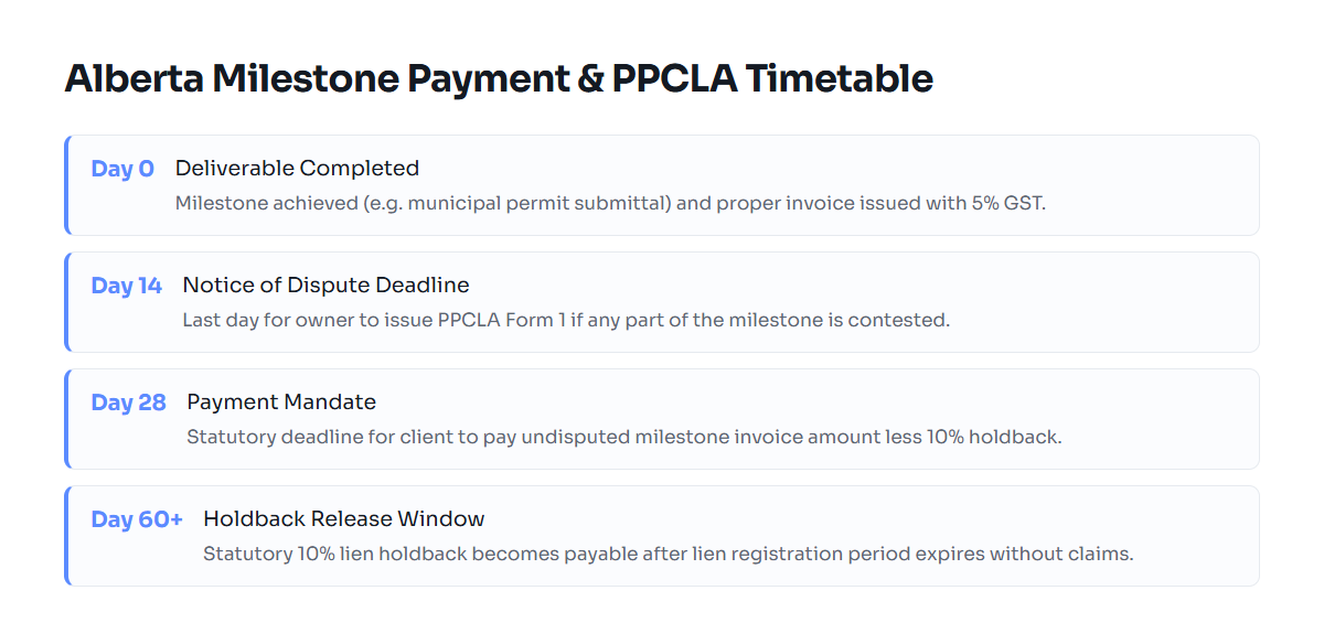 Timeline showing the progress of milestone billing and statutory payment deadlines under Alberta prompt payment legislation.