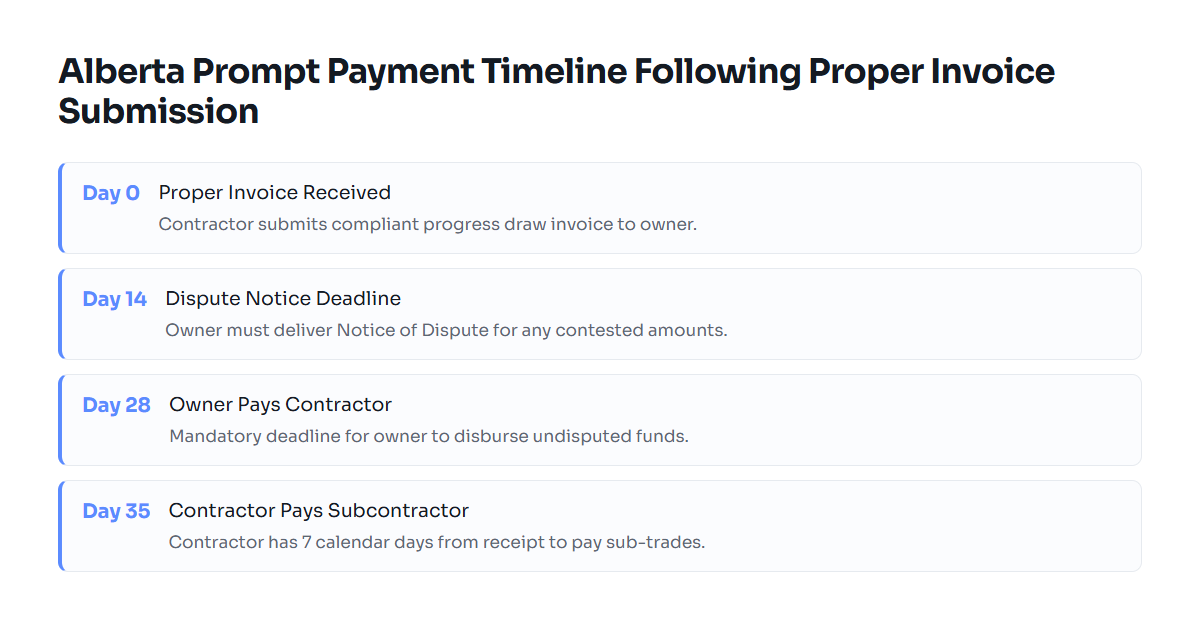 Timeline diagram showing statutory payment intervals under Alberta PPCLA