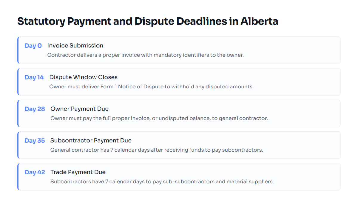 Timeline showing PPCLA milestone deadlines from day zero invoice submission through downstream payment