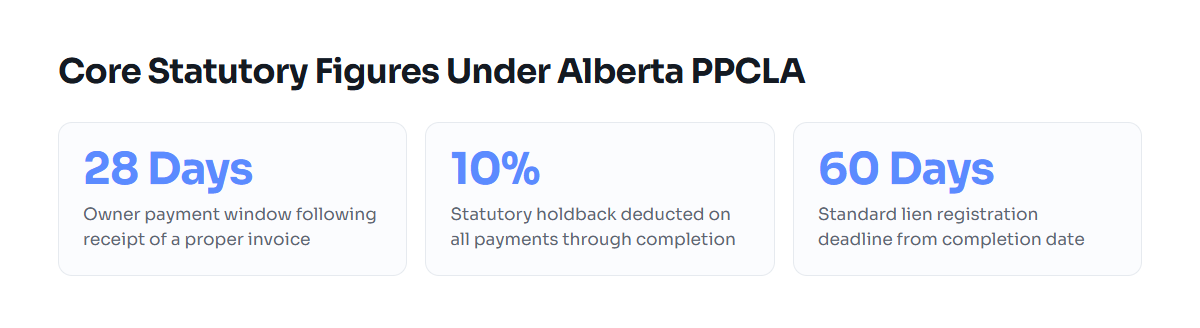 Three primary figures defining Alberta prompt payment and lien compliance