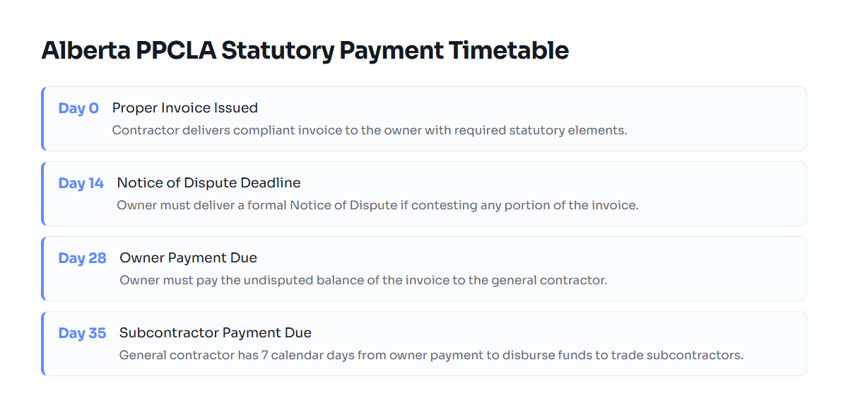 Timeline showing the statutory payment periods under Alberta's Prompt Payment and Construction Lien Act