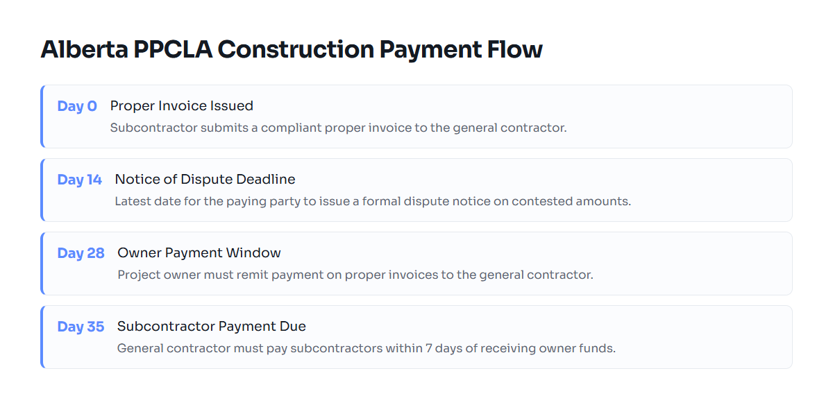 Timeline of payment deadlines under Alberta prompt payment legislation