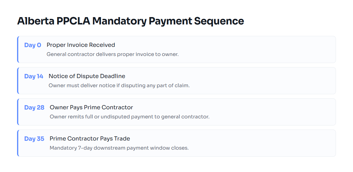 Timeline showing PPCLA statutory payment schedule from invoice receipt to subcontractor payment